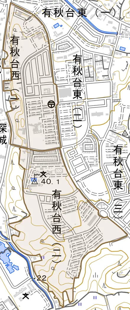 有秋台西とその周辺の地図。町の範囲を重ねている