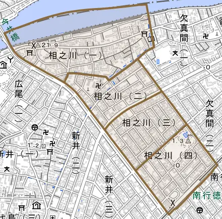 相之川とその周辺の地図。町の範囲を重ねている