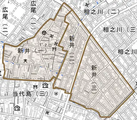 新井とその周辺の地図。町の範囲を重ねている