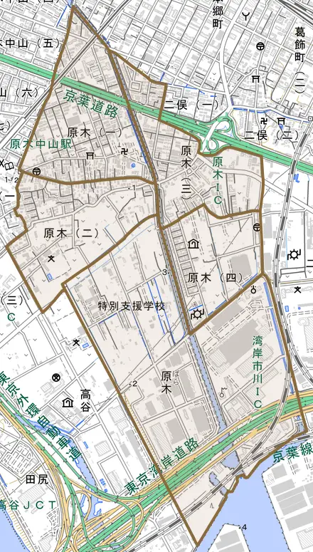 原木とその周辺の地図。町の範囲を重ねている
