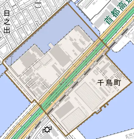 千鳥町とその周辺の地図。町の範囲を重ねている