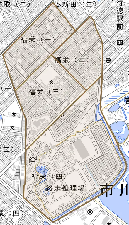 福栄とその周辺の地図。町の範囲を重ねている