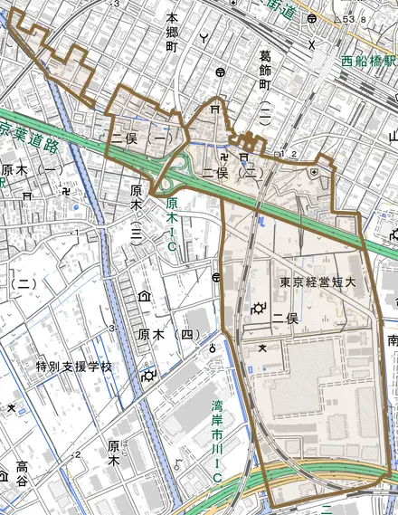 二俣とその周辺の地図。町の範囲を重ねている
