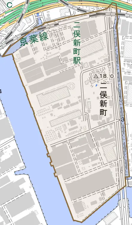 二俣新町とその周辺の地図。町の範囲を重ねている