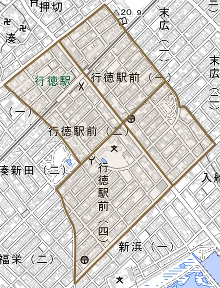 行徳駅前とその周辺の地図。町の範囲を重ねている