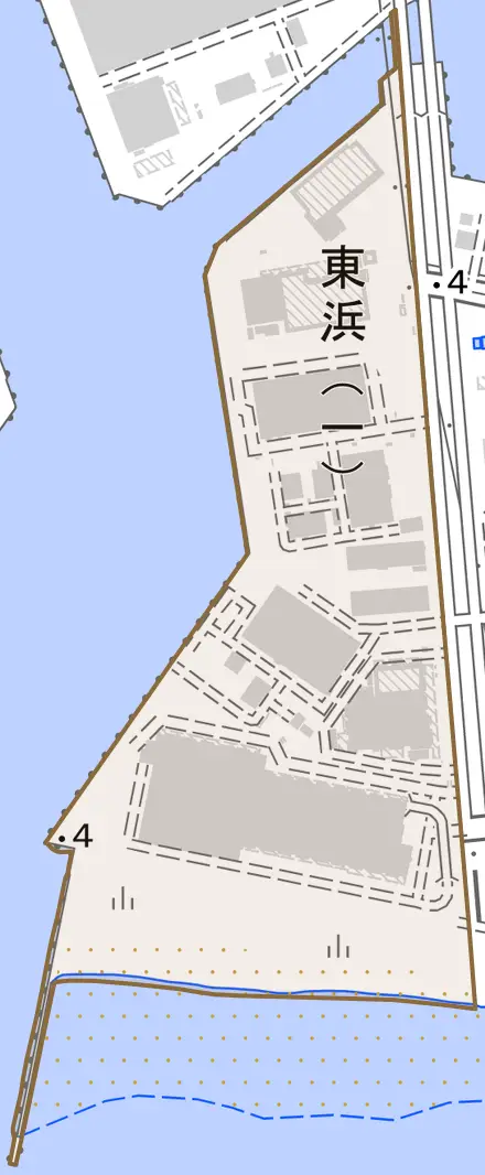 東浜とその周辺の地図。町の範囲を重ねている