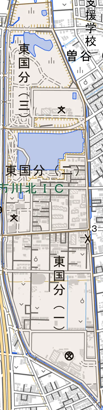 東国分とその周辺の地図。町の範囲を重ねている