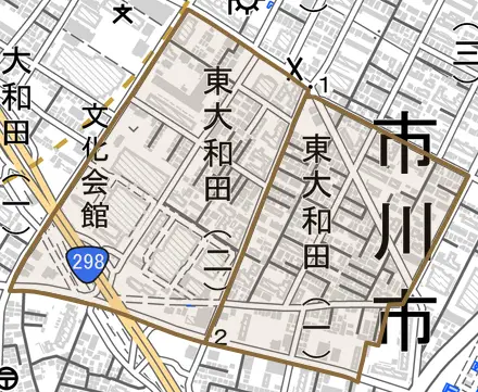 東大和田とその周辺の地図。町の範囲を重ねている