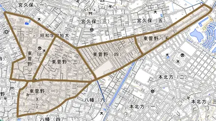 東菅野とその周辺の地図。町の範囲を重ねている