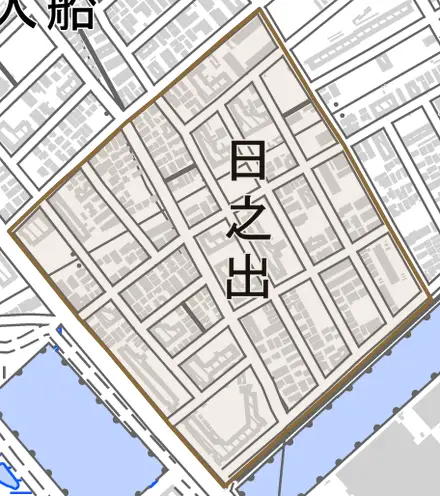 日之出とその周辺の地図。町の範囲を重ねている