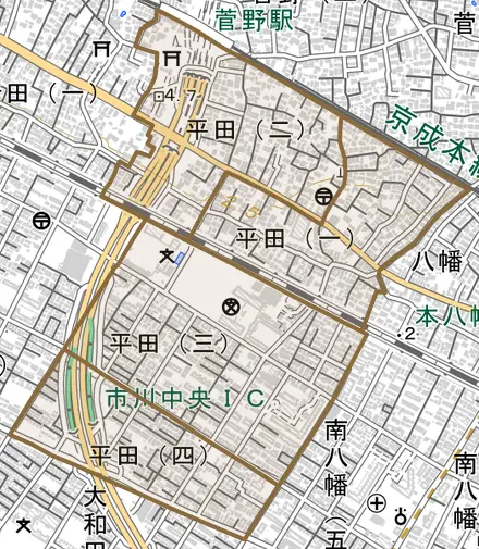平田とその周辺の地図。町の範囲を重ねている