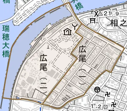 広尾とその周辺の地図。町の範囲を重ねている