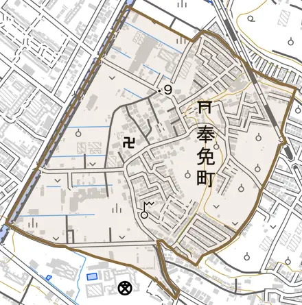 奉免町とその周辺の地図。町の範囲を重ねている