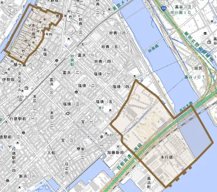 本行徳とその周辺の地図。町の範囲を重ねている
