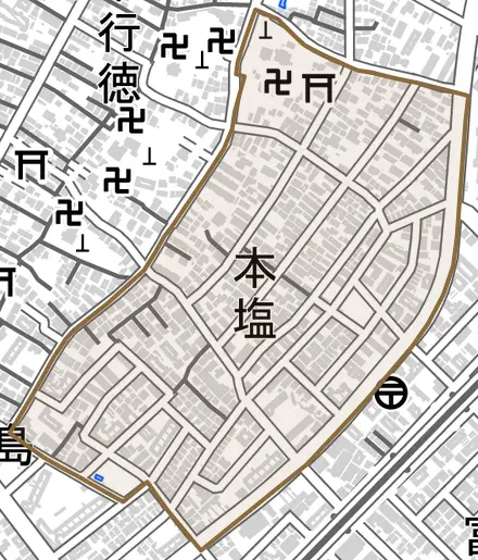 本塩とその周辺の地図。町の範囲を重ねている