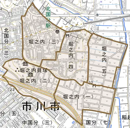 堀之内とその周辺の地図。町の範囲を重ねている