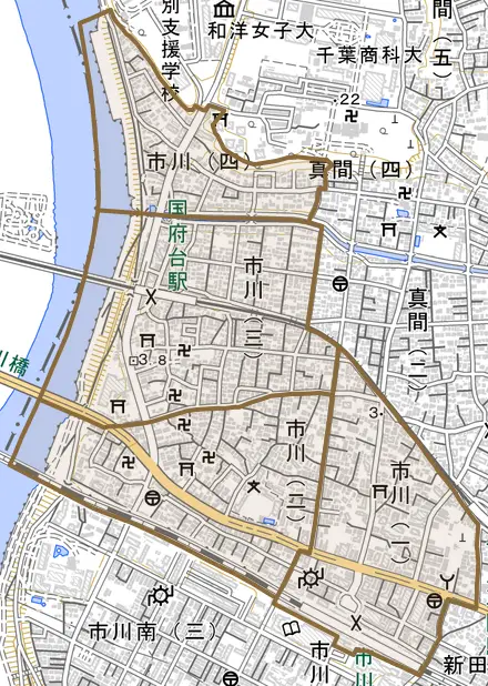 市川とその周辺の地図。町の範囲を重ねている