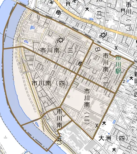 市川南とその周辺の地図。町の範囲を重ねている
