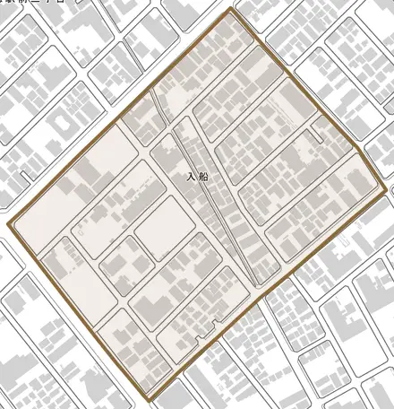 入船とその周辺の地図。町の範囲を重ねている