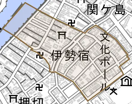 伊勢宿とその周辺の地図。町の範囲を重ねている