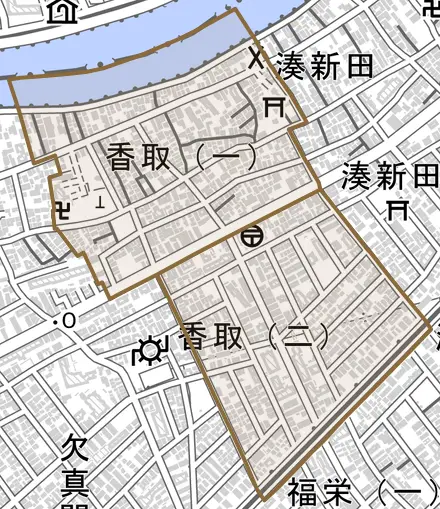 香取とその周辺の地図。町の範囲を重ねている