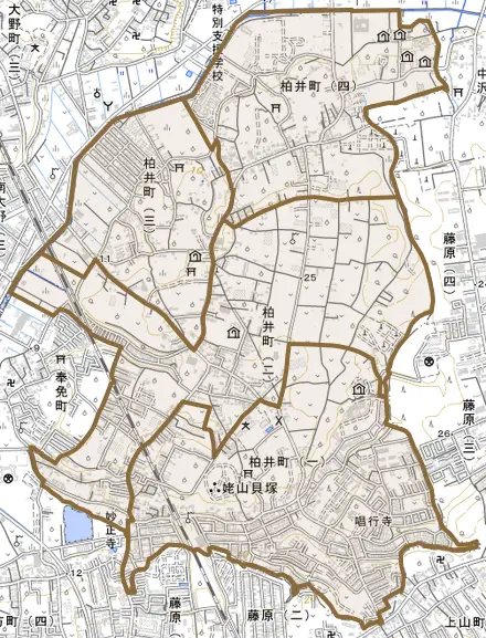 柏井町とその周辺の地図。町の範囲を重ねている