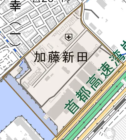 加藤新田とその周辺の地図。町の範囲を重ねている