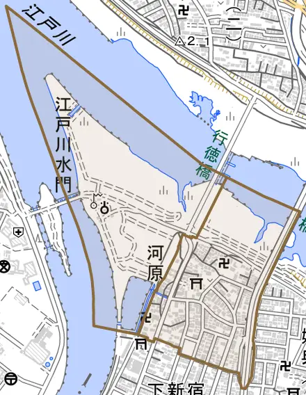 河原とその周辺の地図。町の範囲を重ねている