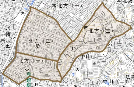 北方とその周辺の地図。町の範囲を重ねている