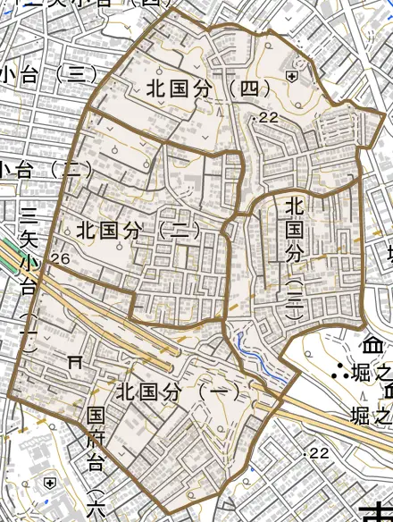 北国分とその周辺の地図。町の範囲を重ねている