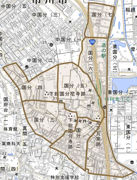 国分とその周辺の地図。町の範囲を重ねている