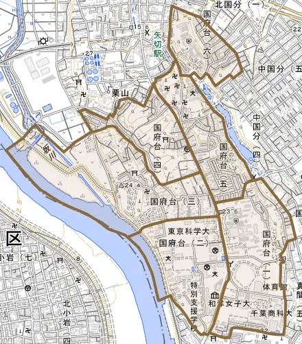 国府台とその周辺の地図。町の範囲を重ねている