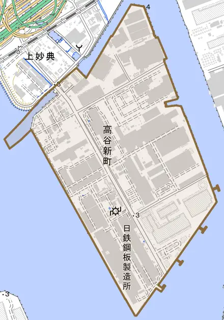 高谷新町とその周辺の地図。町の範囲を重ねている