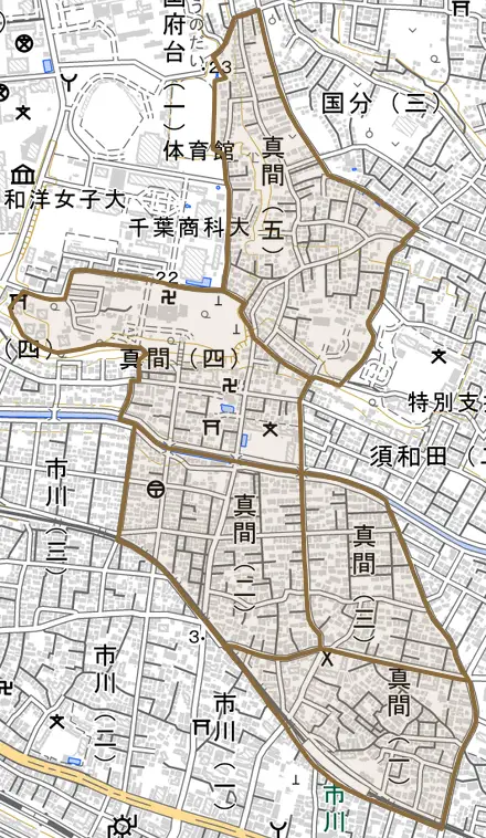 真間とその周辺の地図。町の範囲を重ねている