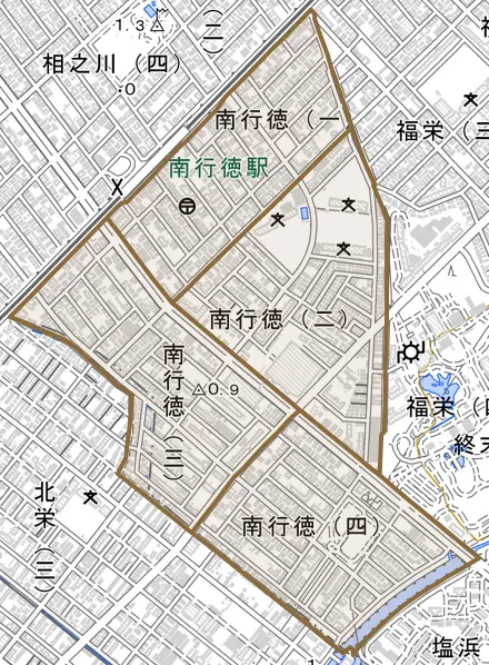 南行徳とその周辺の地図。町の範囲を重ねている