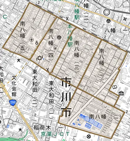 南八幡とその周辺の地図。町の範囲を重ねている