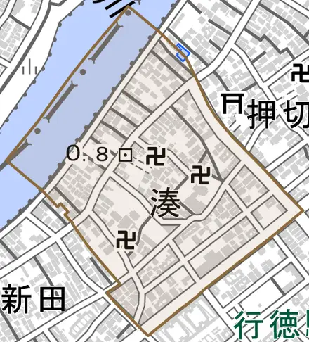 湊とその周辺の地図。町の範囲を重ねている