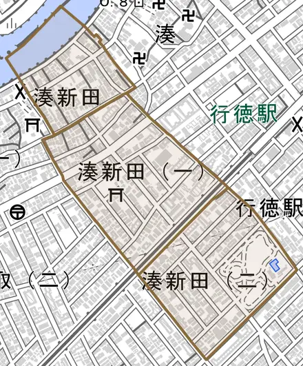 湊新田とその周辺の地図。町の範囲を重ねている