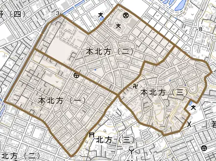 本北方とその周辺の地図。町の範囲を重ねている