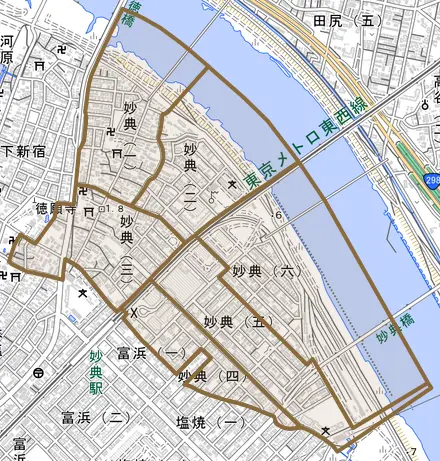 妙典とその周辺の地図。町の範囲を重ねている