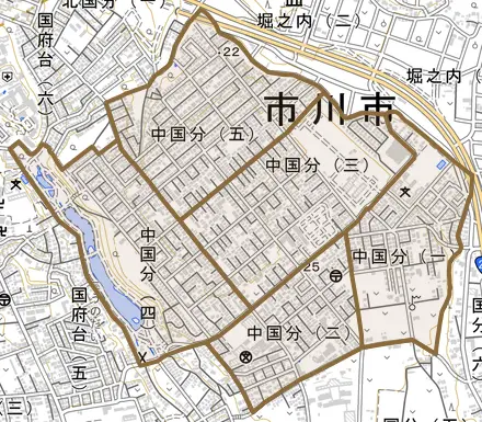 中国分とその周辺の地図。町の範囲を重ねている