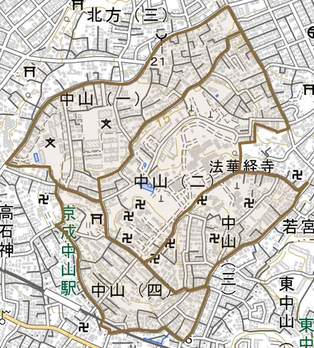 中山とその周辺の地図。町の範囲を重ねている