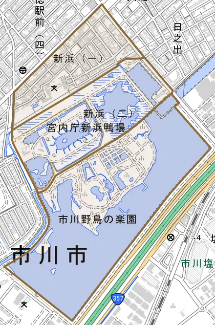 新浜とその周辺の地図。町の範囲を重ねている