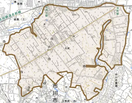 大町とその周辺の地図。町の範囲を重ねている