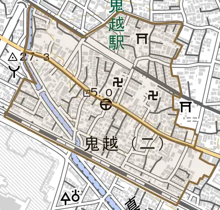 鬼越とその周辺の地図。町の範囲を重ねている
