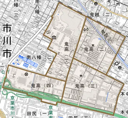 鬼高とその周辺の地図。町の範囲を重ねている