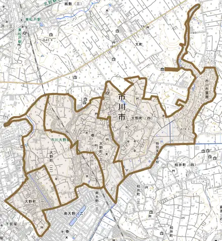 大野町とその周辺の地図。町の範囲を重ねている