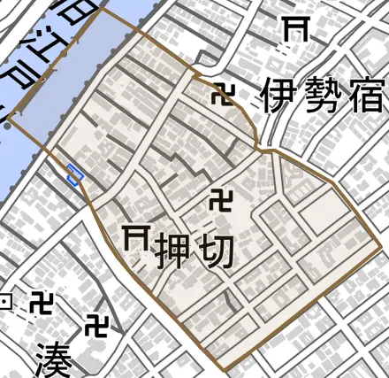 押切とその周辺の地図。町の範囲を重ねている