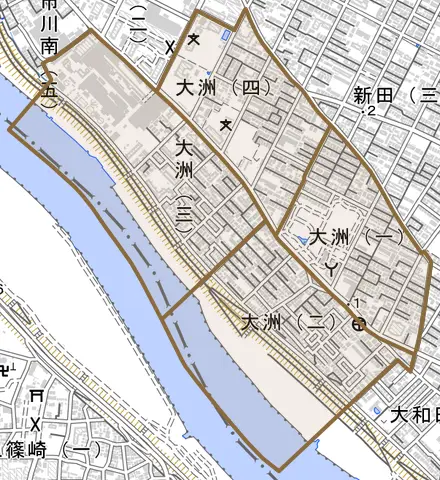 大洲とその周辺の地図。町の範囲を重ねている