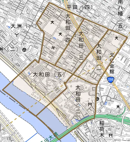 大和田とその周辺の地図。町の範囲を重ねている